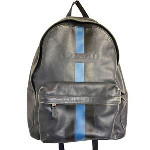 Coach Charles Varsity Backpack Navy Blue Leather Stripe Streetwear Distressed‎